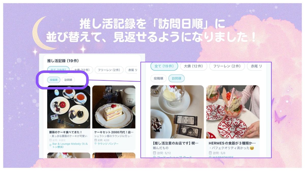 【imakoアップデート.・゚】「訪問日順」に「推し活記録」を見返せるように!